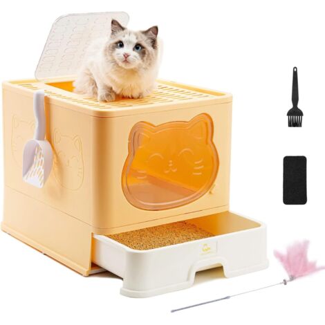 Fully Enclosed Cat Toilet, Deodorant Cat Bins with Covered Drawers, Large Foldable Cat Toilet, with Plastic Pet Shovel Brown