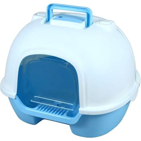 Fully Enclosed Portable Cat Litter Box with Folding Back for Cats with Splash Scoop for Toilet Training (Color: Blue)