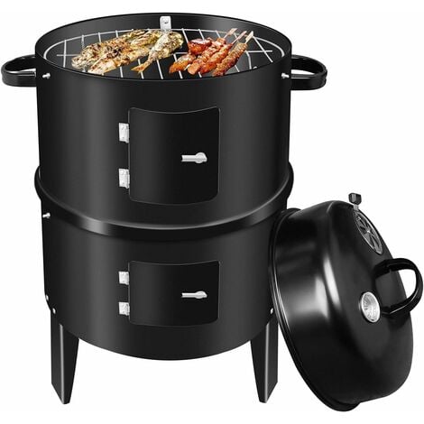 Fumoir 3 en 1 - Barbecue au charbon de bois avec thermomètre - Grande capacité - Fumoir pour fumer, griller, cuire