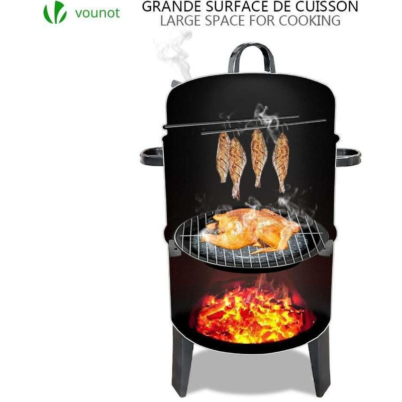 Fumoir barbecue avec thermometre 2518146154596 Vounot Barbecue Fumoir Smoker Multifonctions|BBQ 3 en 1