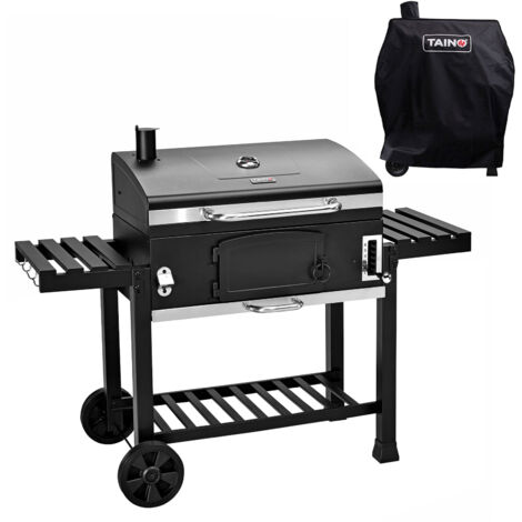 Taino – Fumoir barbecue charbon de bois 142x46x111 cm – Grille fonte 42x72 cm – 2 tables pliables – Thermomètre intégré – 4 crochets à couverts