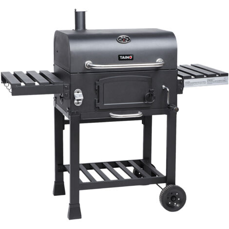 Fumoir barbecue charbon TAINO HERO XL – Surface de cuisson 57x42 cm – Grilles en porcelaine – Thermomètre intégré – Tables latérales pliables