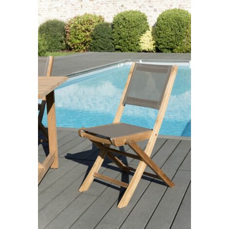 FUN - Ensemble de 2 chaises de jardin pliantes en bois Teck et textilène couleur taupe