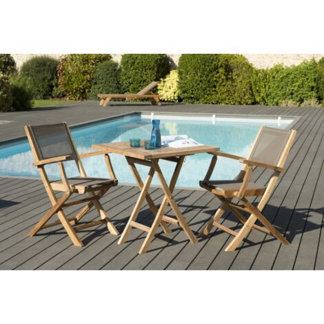 FUN - Ensemble de jardin table bois teck / 2 fauteuils textilène taupe