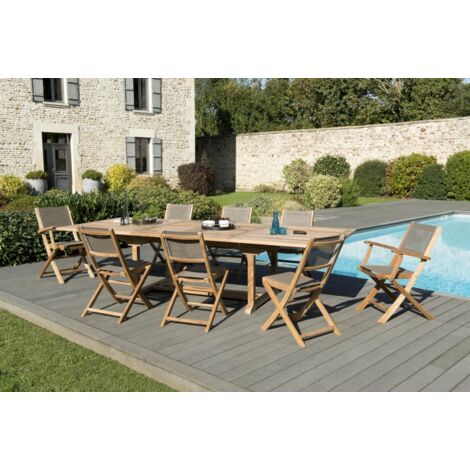 FUN - Ensemble de jardin table bois teck 6 chaises / 2 fauteuils gris