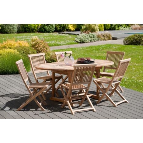 FUN - Ensemble de jardin - Table ovale ext.120/180 6 chaises bois teck