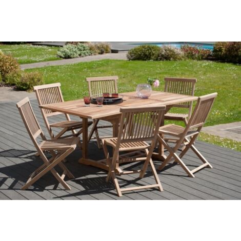 FUN - Ensemble de jardin -Table rect. 120/180 / 6 chaises bois teck