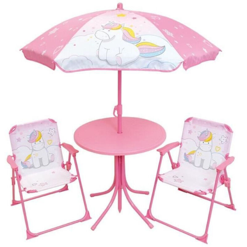 Mobilier de jardin Fun House Salon de jardin Licorne : Table H.46 x 46 cm, 2 chaises pliantes, parasol H.125 x�100 cm