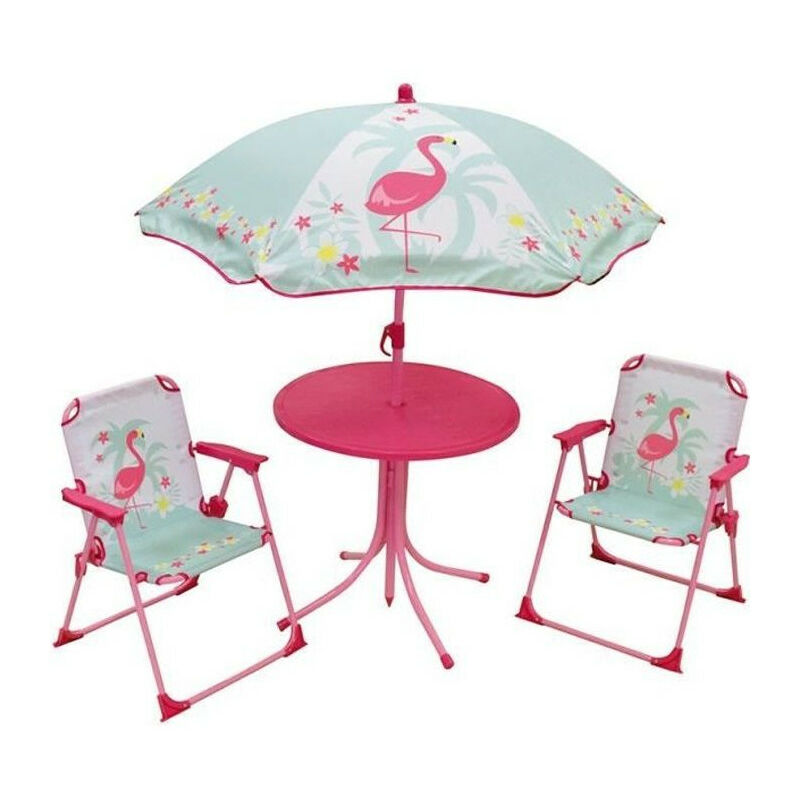Fun house 713088 flamant rose Salon de jardin avec une table, 2 chaises pliables et un parasol pour enfant