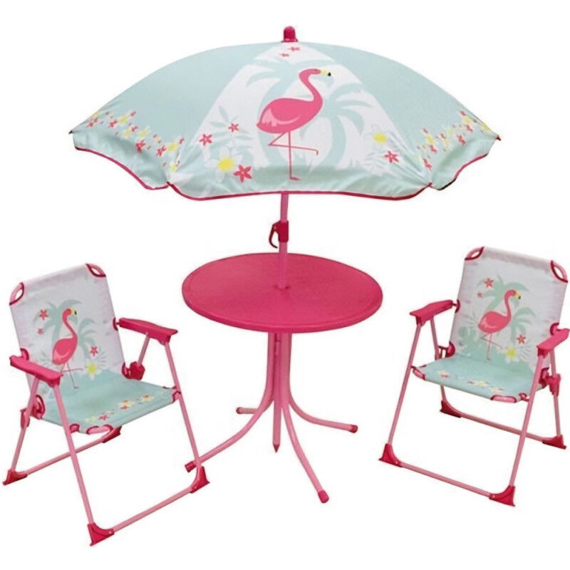 713088 flamant rose Salon de jardin avec une table, 2 chaises pliables et un parasol pour enfant - Fun House