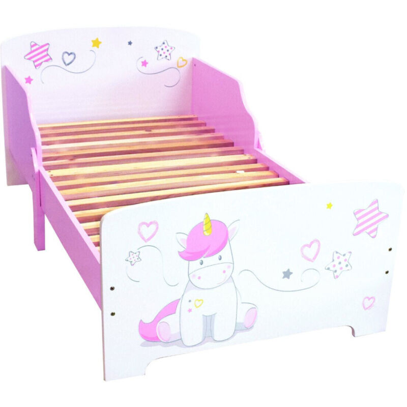 Lit fille en bois Licorne 140 Cm - Blanc, Rose
