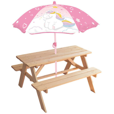 CIJEP FUN HOUSE Licorne Table pique-nique en pin H.53 x l.95 x P.75 cm avec parasol H.125 x ø 100 cm - Pour enfant