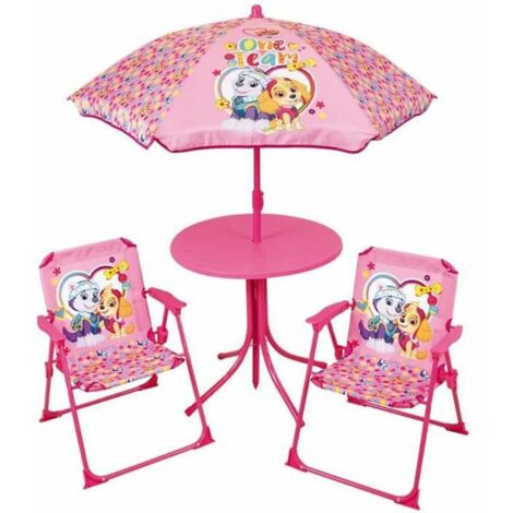 FUN HOUSE PAT'PATROUILLE Salon de jardin - 1 table 46xø46 cm, 2 chaises H.53xl.38,5xP.37,5cm et 1 parasol