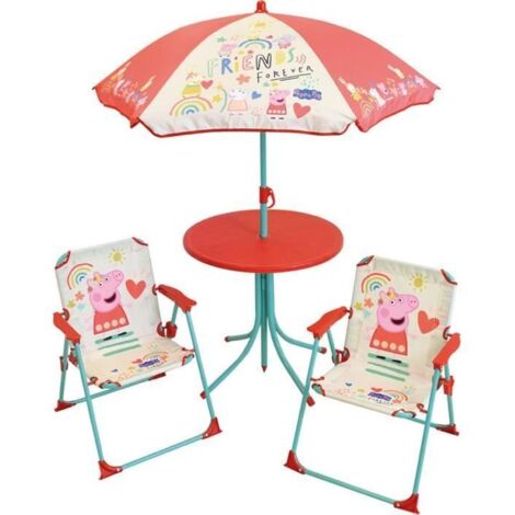 FUN HOUSE Peppa Pig Gartenmöbel - 1 Tisch H.46xø46cm, 2 Stühle H.53xl.38,5xP.37,5 cm und 1 Sonnenschirm H.125 x ø100 cm - Für