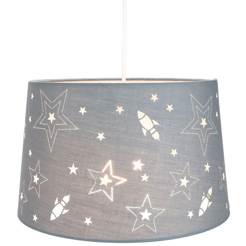 Fun Rockets and Stars Childrens/Kids Grey Cotton Bedroom Pendant or Lamp Shade by Happy Homewares