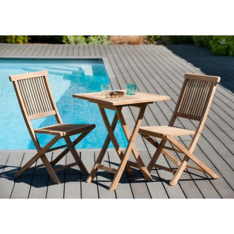 FUN - SALON DE JARDIN EN BOIS TECK 2 personnes : Ensemble de jardin - 1 Table carrée pliante 60 cm et 2 chaises