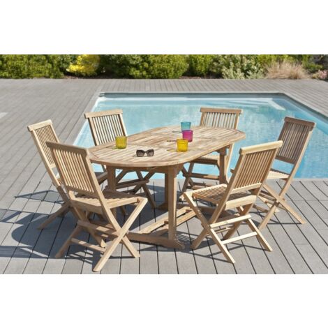 FUN - SALON DE JARDIN EN BOIS TECK 6/8 pers : Ensemble de jardin : 1 table ovale extensible 150200/90cm et 6 chaises