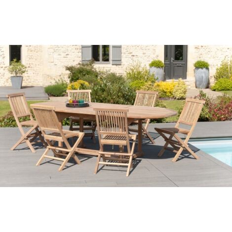 FUN - SALON DE JARDIN EN BOIS TECK 8/10 pers : Ensemble de jardin - 1 Table ovale extensible 180240/100 cm et 6 chaises