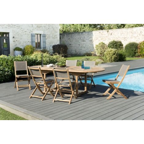 FUN - SALON DE JARDIN EN BOIS TECK 8/10 personnes - 1 Table ovale extensible 180/240100 cm et 6 chaises taupe