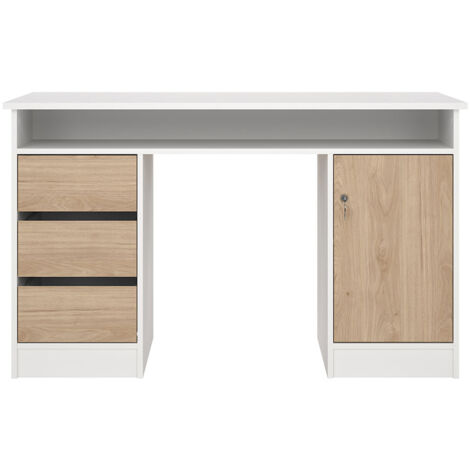 FunctionPlus Schreibtisch 1 Ablage, 1 Tür, 3 Schubladen weiß, Eichen-Dekor.