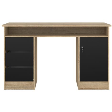 FunctionPlus Schreibtisch mit Schloss 1 Tür 3 Schubladen Eiche dekor schwarz.