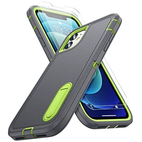 FUNDA + 2X CRISTAL TEMPLADO PARA APPLE IPHONE 12/12 PRO GRIS CON SOPORTE