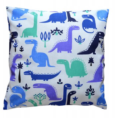 Funda de almohada de algodón con estampado de dinosaurios azules.