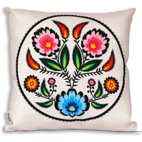 Funda de almohada folk de Łowicz, flores rosas, recorte beige