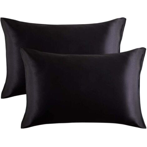 Funda de almohada KZQ, funda de almohada de satén, funda de almohada de seda, funda de almohada de imitación, funda de almohada pura, funda de almohada de cama, 2 (20 x 29 pulgadas), color negro
