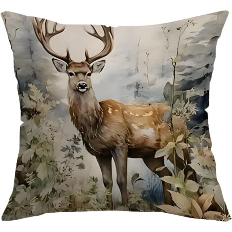 Funda de almohada navideña de algodón con diseño de reno (45 x 45 cm)
