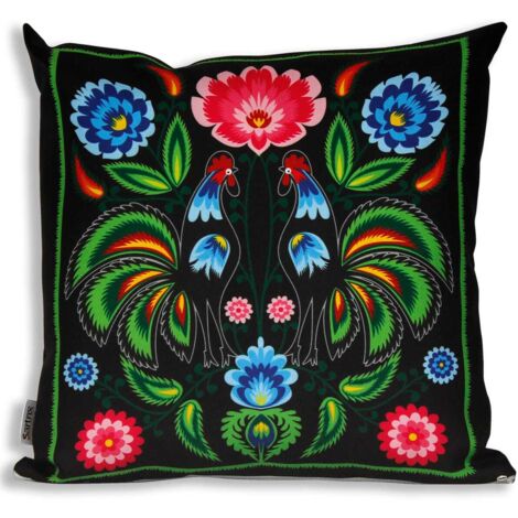 Funda de almohada popular de Łowicz, gallos verdes, recorte negro
