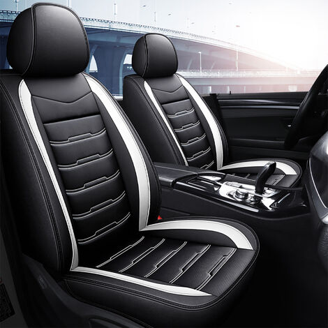 Funda de asiento de coche universal Cojín de asiento de cuero PU de 5 plazas negro + blanco