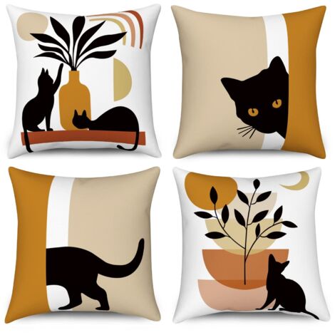 Funda de cojín boho de 50x50 cm, juego de 4, funda de almohada decorativa abstracta con gato negro, planta, sol y luna, funda de almohada de lino con estética minimalista moderna para sofá y decoració