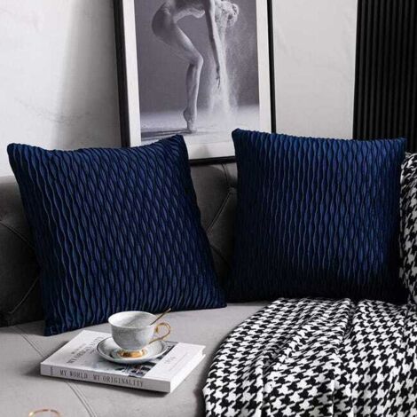Funda de cojín cuadrada de terciopelo original a rayas azul marino para sofá: paquete de 2 unidades de 45 cm x 45 cm para la decoración del dormitorio.