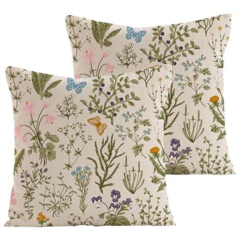 Funda de cojín de 45 x 45 cm, juego de 2 fundas de cojín decorativas con estampado de flores silvestres, color verde salvia, para el hogar, la sala de estar, el dormitorio, la cama y el exterior.