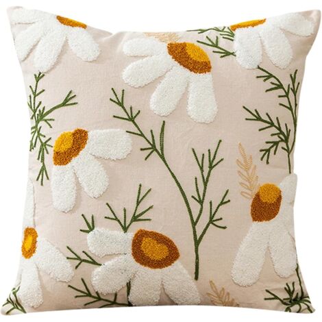 Funda de cojín decorativa bordada con flores para salón, funda de cojín bordada para sofá, 45 x 45 cm, estampado de crisantemos blancos.