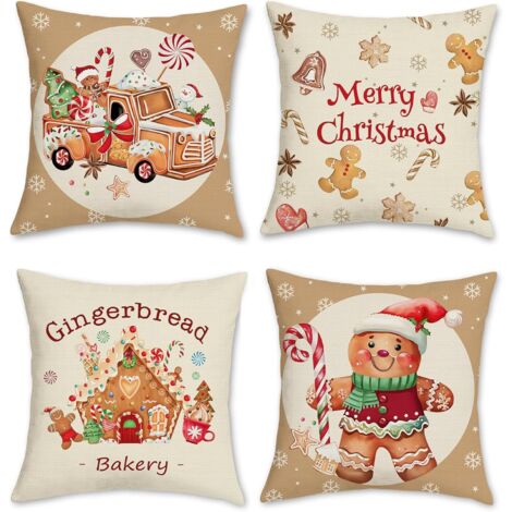 Funda de cojín navideña de pan de jengibre, 45 x 45 cm, diseño de camión de panadería, poliéster y lino, decorativa, para sofá, dormitorio, hogar, decoración de vacaciones de invierno, 4 piezas