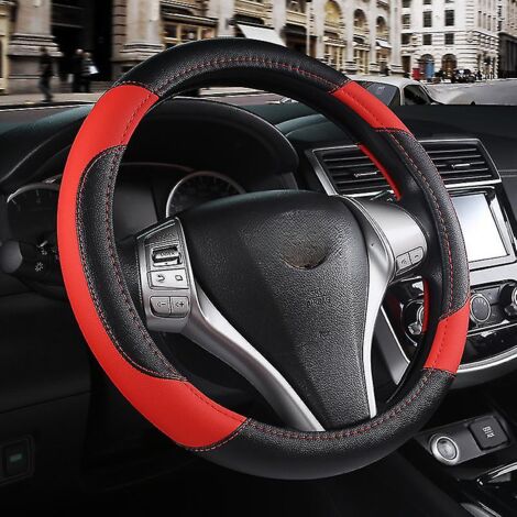 Funda de cuero para volante de coche, tamaño 36 cm, disponible bajo pedido, agarre universal para todas las estaciones (negro y rojo).