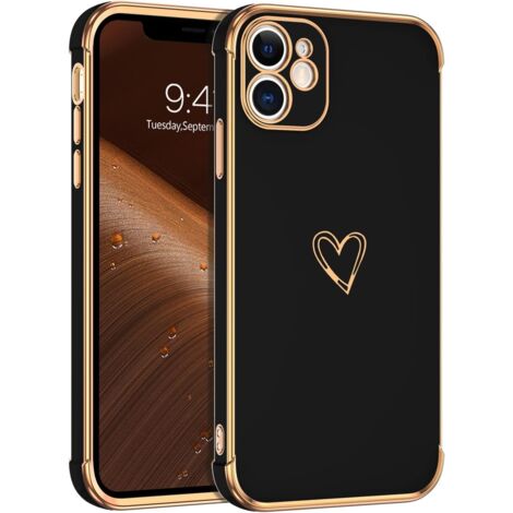 FUNDA DE SILICONA PARA APPLE IPHONE 12 NEGRA CORAZÓN DORADO GLAMOUR A2172