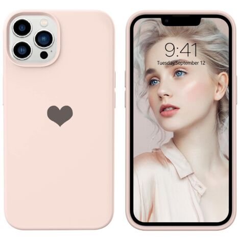 FUNDA DE SILICONA PARA APPLE IPHONE 13 PRO MAX 6.7" ROSA CLARO CORAZÓN NEGRO