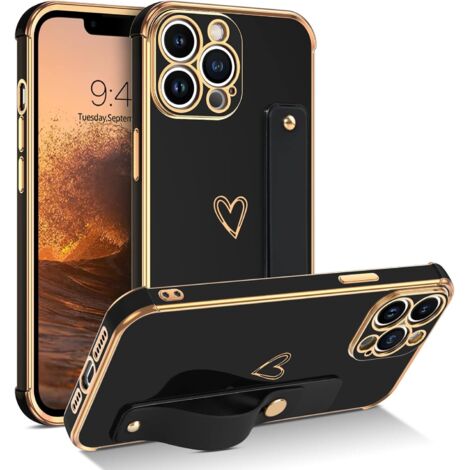 FUNDA DE SILICONA PARA APPLE IPHONE 14 PRO MAX FUNDA NEGRA DORADA CON SOPORTE