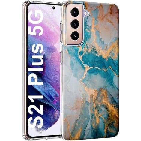 FUNDA DE SILICONA PARA SAMSUNG GALAXY S21+ 5G AZUL DORADO MÁRMOL GLAMOUR