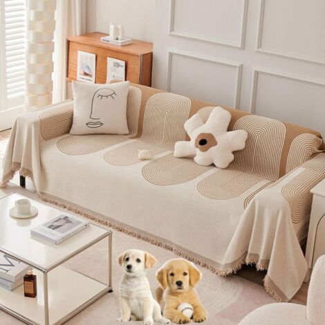 Funda de sofá de chenilla de doble cara, para perros, multifuncional, con estampado geométrico, antideslizante y pompones (beige, 180 x 300 cm)