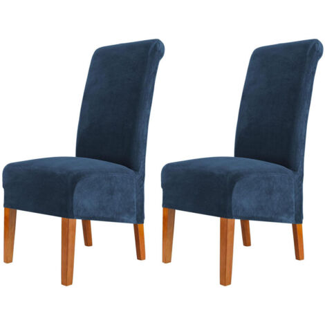 Funda de terciopelo para silla de comedor, con respaldo alto y elástico, lavable, extraíble, juego de 2 piezas, azul oscuro.