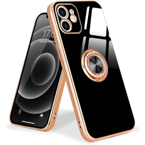 FUNDA PARA APPLE IPHONE 12 SILICONA NEGRA DORADA + ANILLA Y CORDÓN A2172