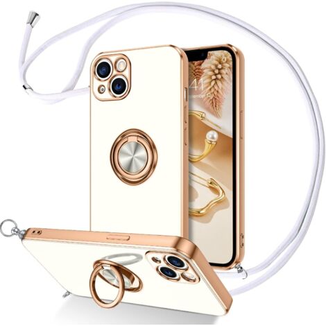 FUNDA PARA APPLE IPHONE 14 DE 6,1" SILICONA BLANCA ORO + ANILLA Y CORDÓN