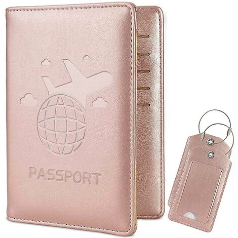 Funda para pasaporte, funda para pasaporte con protección Rfid con 2 etiquetas para equipaje, juego de oro rosa