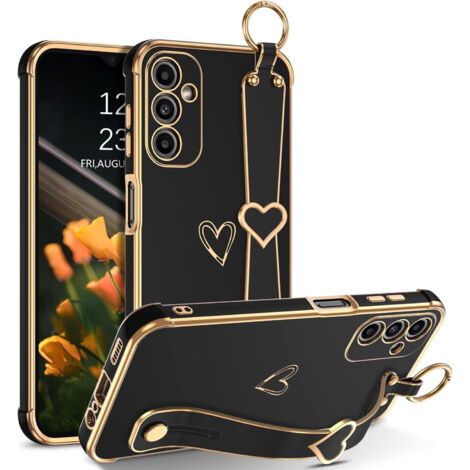 FUNDA PARA SAMSUNG GALAXY A14 5G SILICONA NEGRA MARCO DORADO SOPORTE CORAZÓN