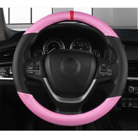 Funda para volante de coche, de fibra de carbono y microfibra, de forma redonda, de piel sintética, antideslizante, transpirable, deportiva, para diámetro de 38cm, negro y rosa