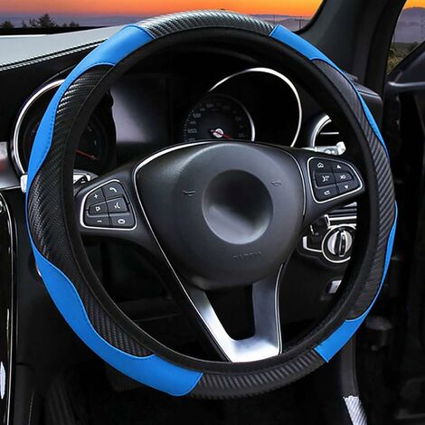 - Funda para volante de coche de piel de fibra de carbono elástica, antideslizante, transpirable, sin anillo interior, tamaño universal 37-39 cm (azul)